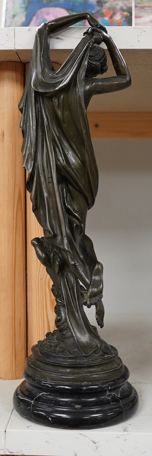 A 20th century bronze figure of a maiden, raised on marble socle, 38.5cm. Condition - fair to good